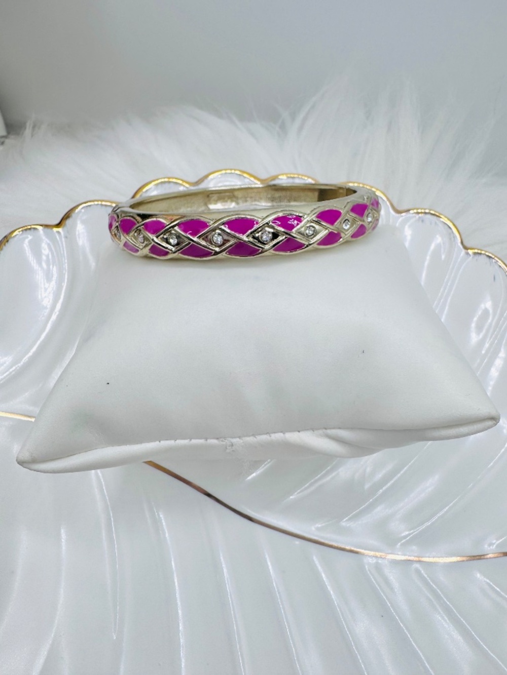 Sequin Pink Enamel Gold Tone Hinged Bangle Bracelet w/ Rhinestone - Picture 3 of 4